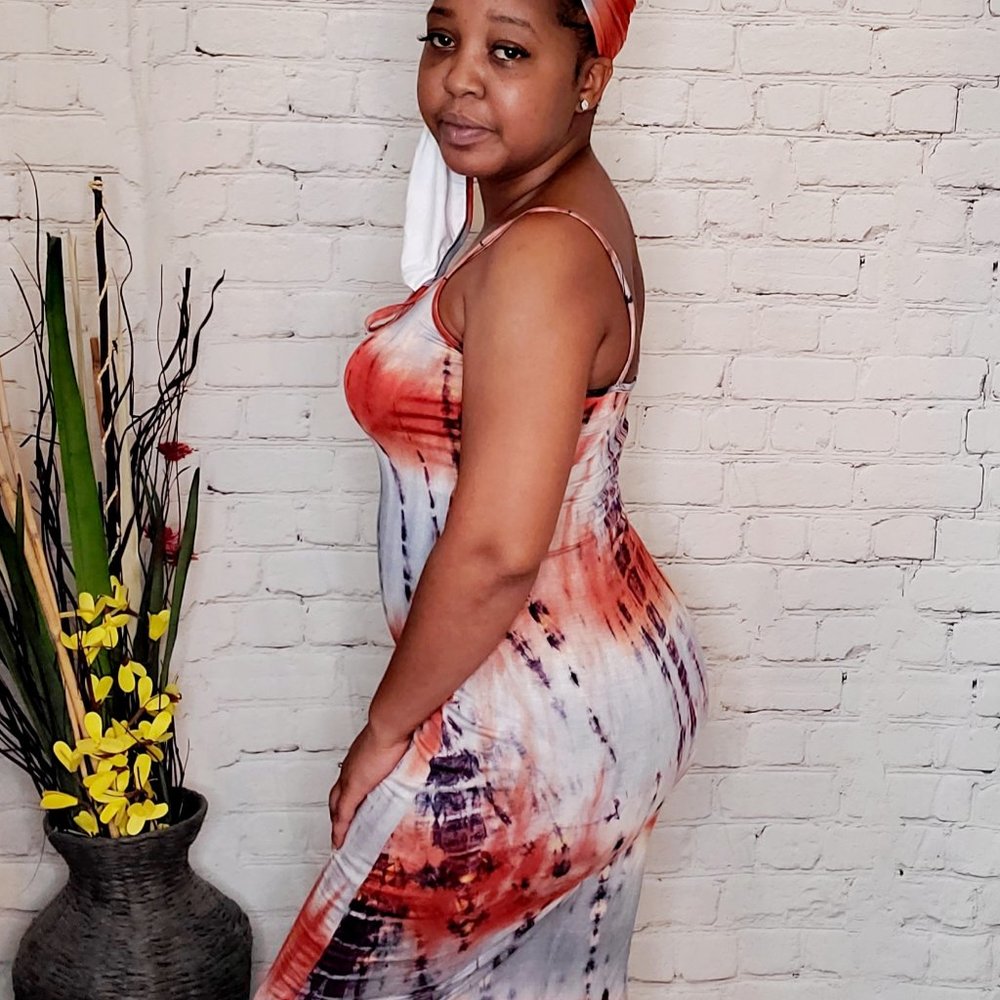 NWT Tye Dye Orange Grey Maxi dress Head Scarf Mask Set